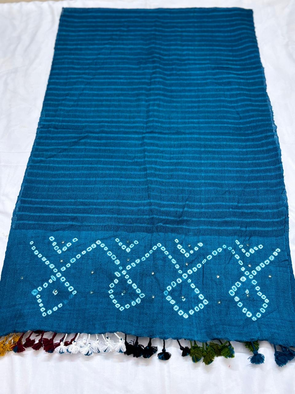 BLUE- KUTCH MIRROR WORK HANDWOVEN BANDHANI MERINO STOLE