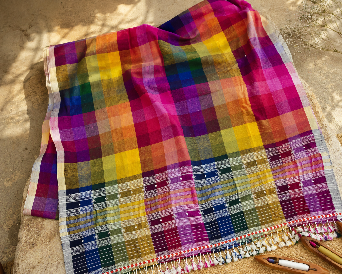 Rainbow Bhujodi Kala cotton dupatta with zari