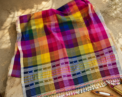Rainbow Bhujodi Kala cotton dupatta with zari