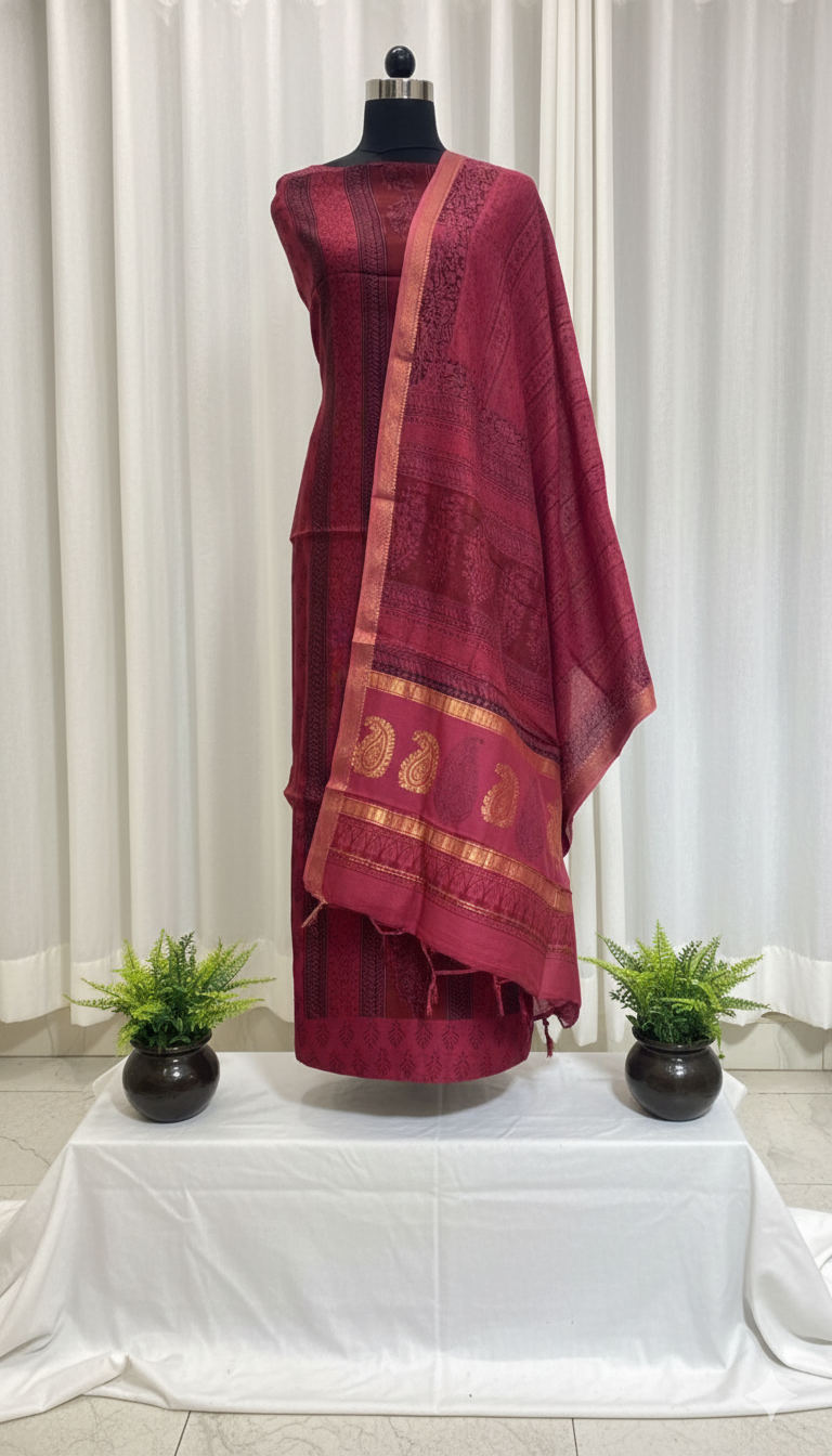 Brick red- 3pc Chanderi Silk Bagh handblock Dress Material