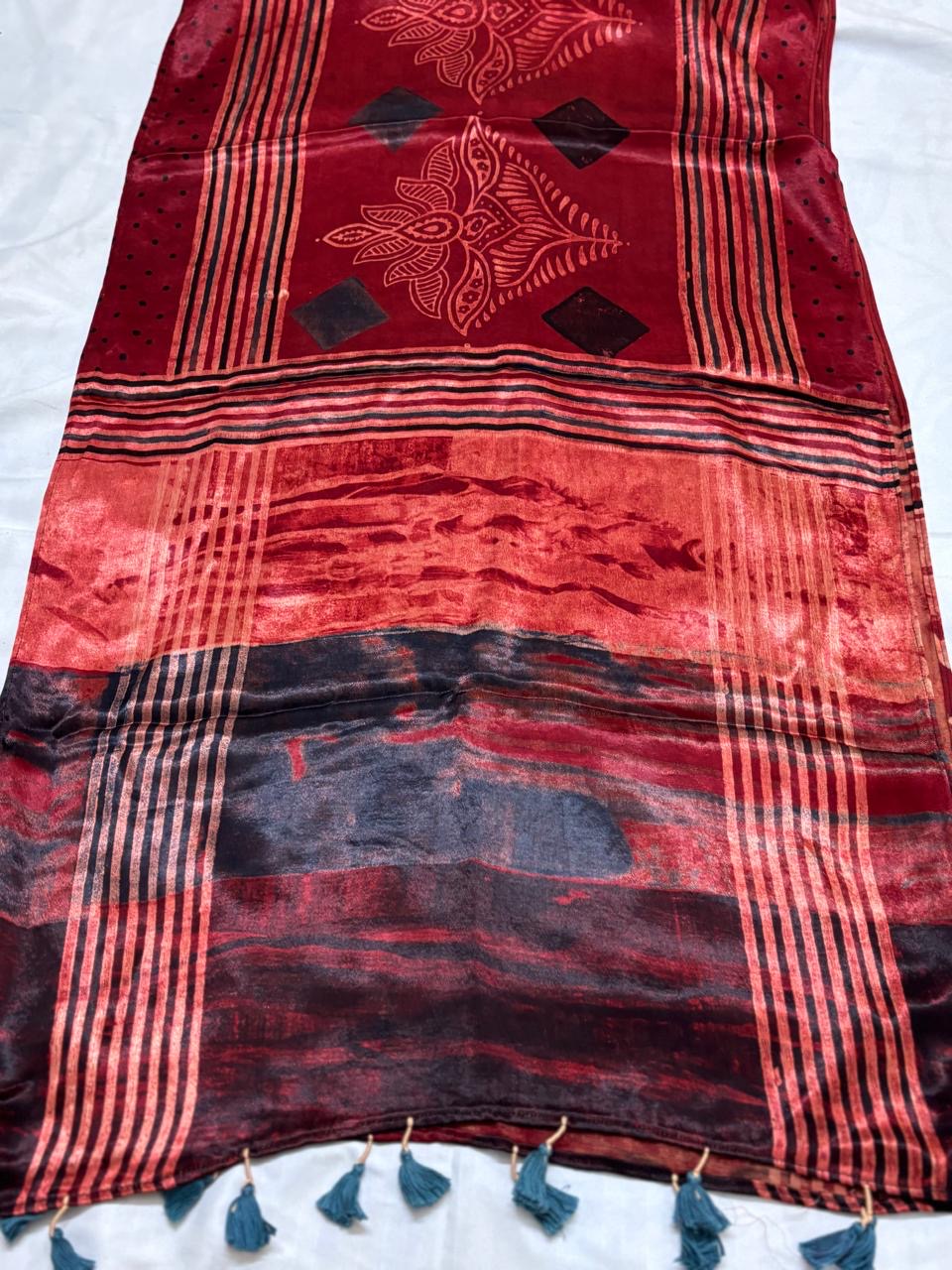 Beige - Hand block Mashru Silk Ajrakh Stole 04