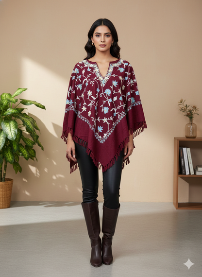 Kashmiri Aari Embroidered Woollen Poncho – | Handcrafted Heritage