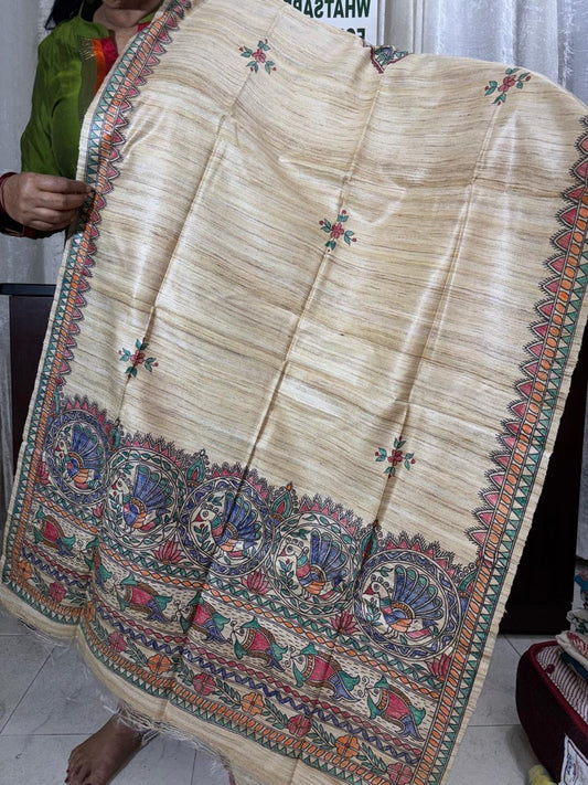 Handwoven Tussar Hand Painted Madhubani Dupatta