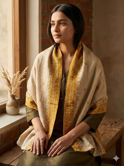 MULTICOLOR - PATCHWORK REVERSIBLE SILK BENGAL HAND KANTHA STITCH STOLE