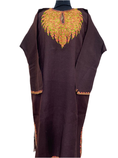 Coffee brown - Aari Embroidery Kashmiri Pure Wool Pheran