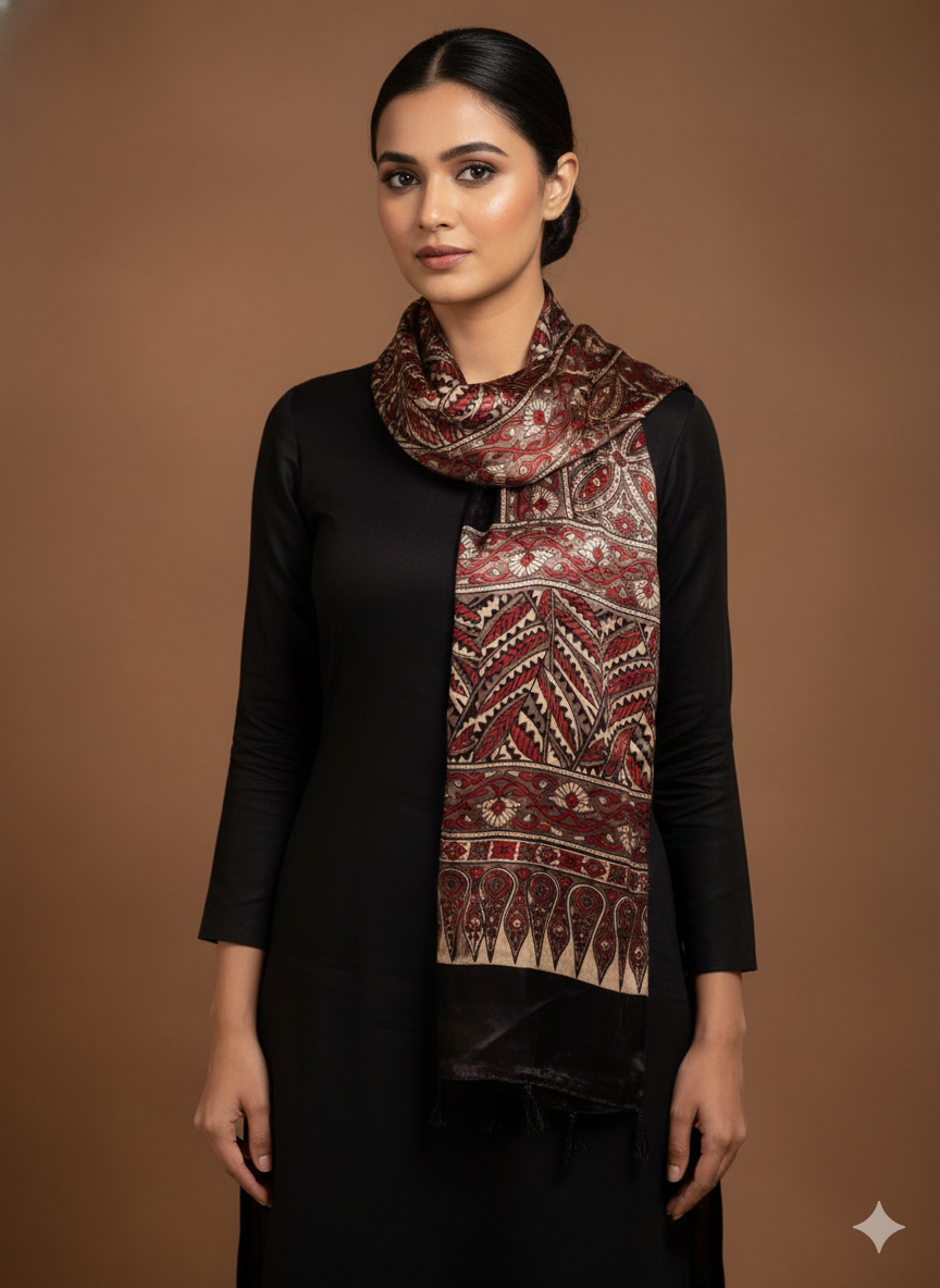Black Hand block Mashru Silk Ajrakh Stole 09