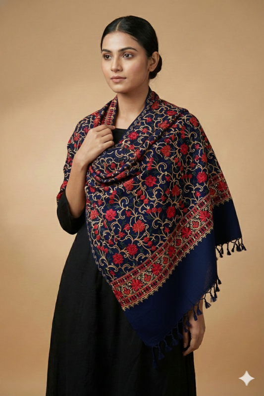 Kashmiri Aari embroidered semi  pashmina stole