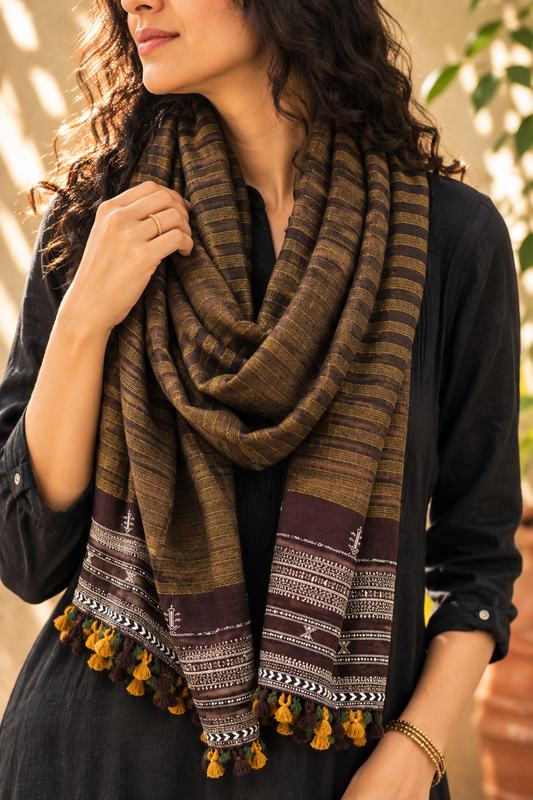 Kutch Bhujodi Weaving Handloom Organic Kala Cotton Stole with Tassels