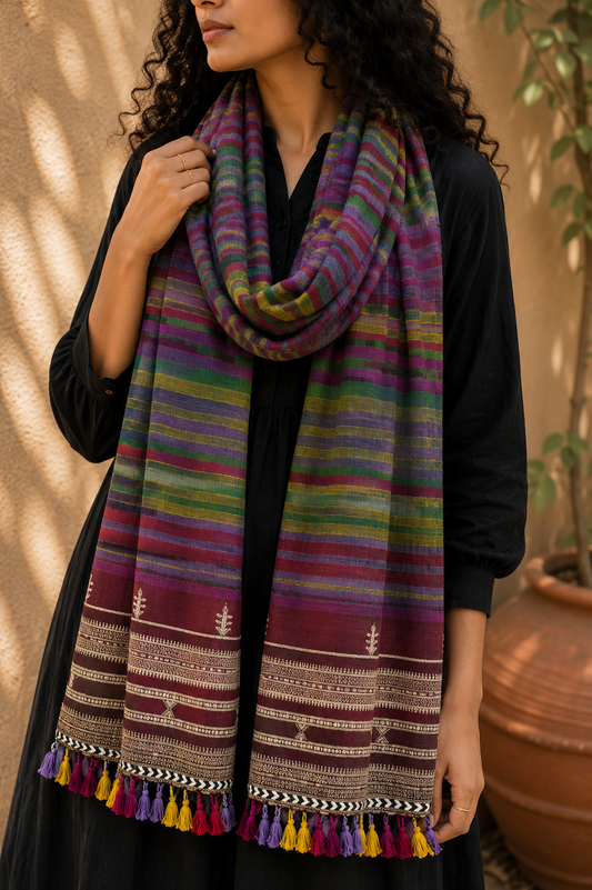 Kutch Bhujodi Weaving Handloom Organic Kala Cotton Stole with Tassels