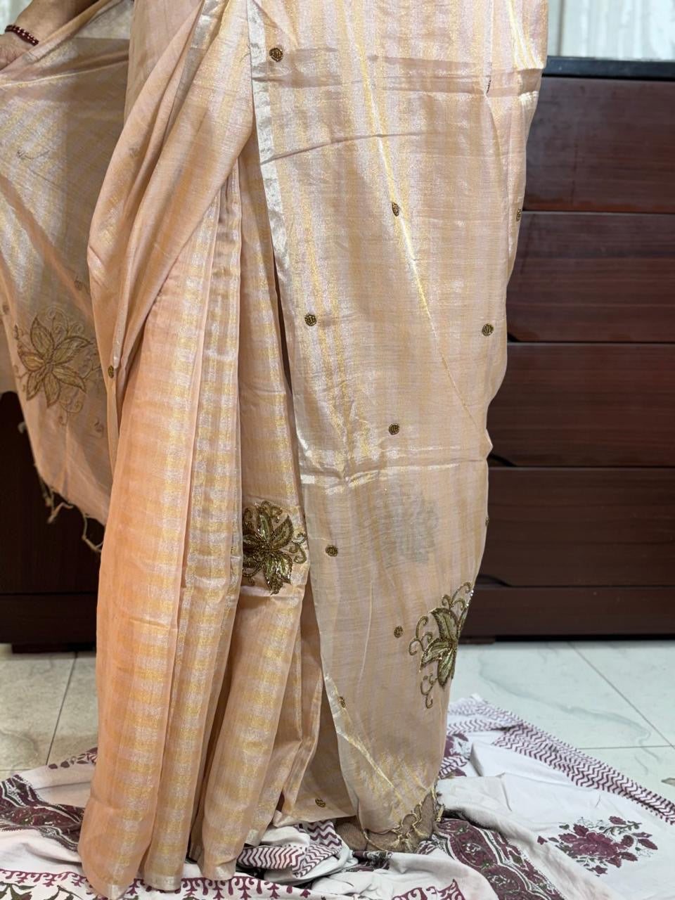 HANDLOOM MAHESHWARI SILK TISSUE ZARI STRIPES SAREE WITH ZARDOSI WORK