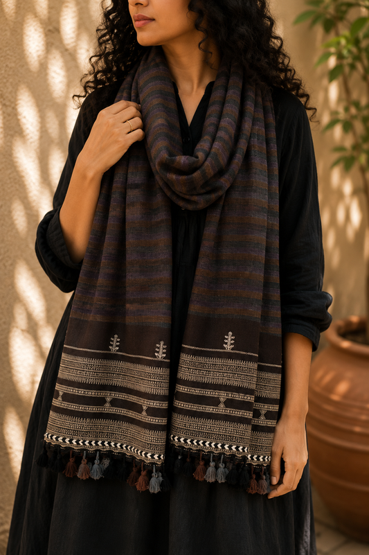 Kutch Bhujodi Weaving Handloom Organic Kala Cotton Stole with Tassels