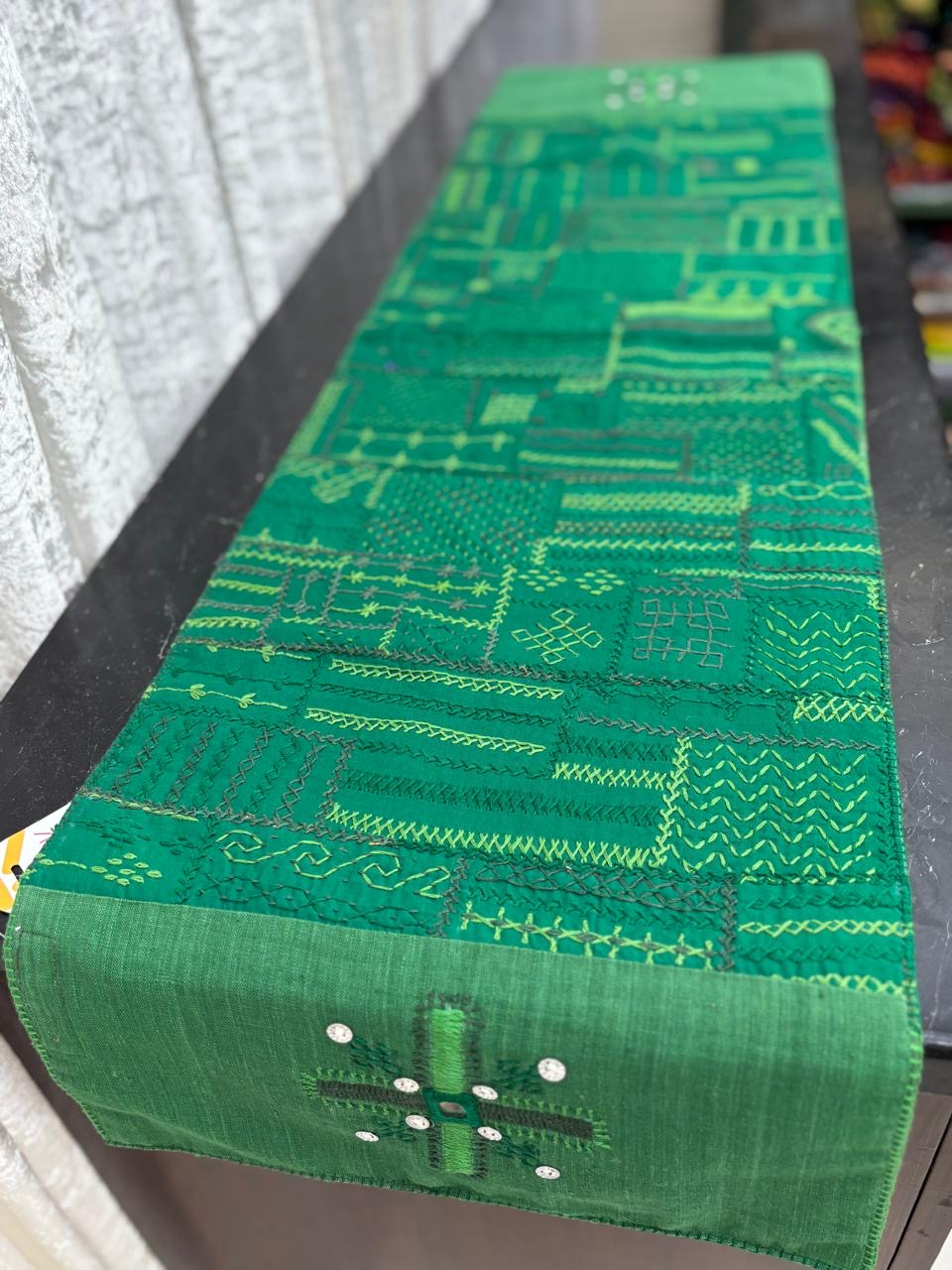 Lambani hand embroidered table runner - length 47 inches * 12.5inches wide Green