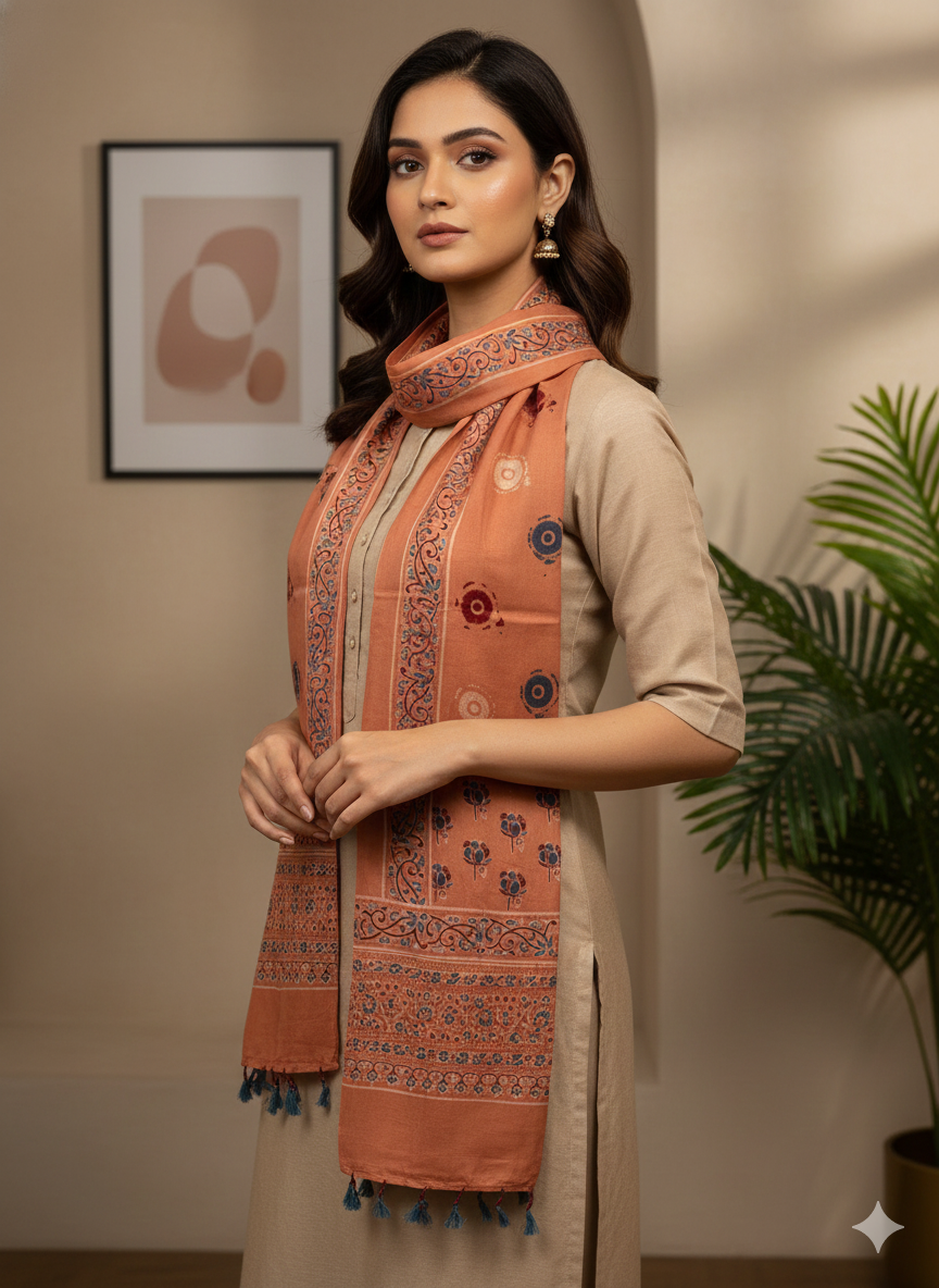 Peach - Ajrakh Block Printed Modal Silk Stole with Tassels 3
