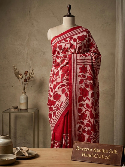 Red - BENGAL HAND EMBROIDERY BANGALORE SILK HANDLOOM KANTHA SAREE