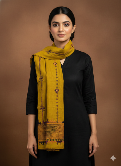 Mustard - Handcrafted Lambani Khadi Cotton Stole with Multicolor Embroidery and Mirror Work