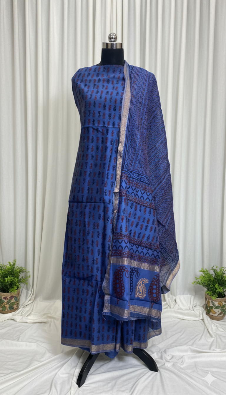 Blue - 3pc Chanderi Silk Bagh handblock Dress Material