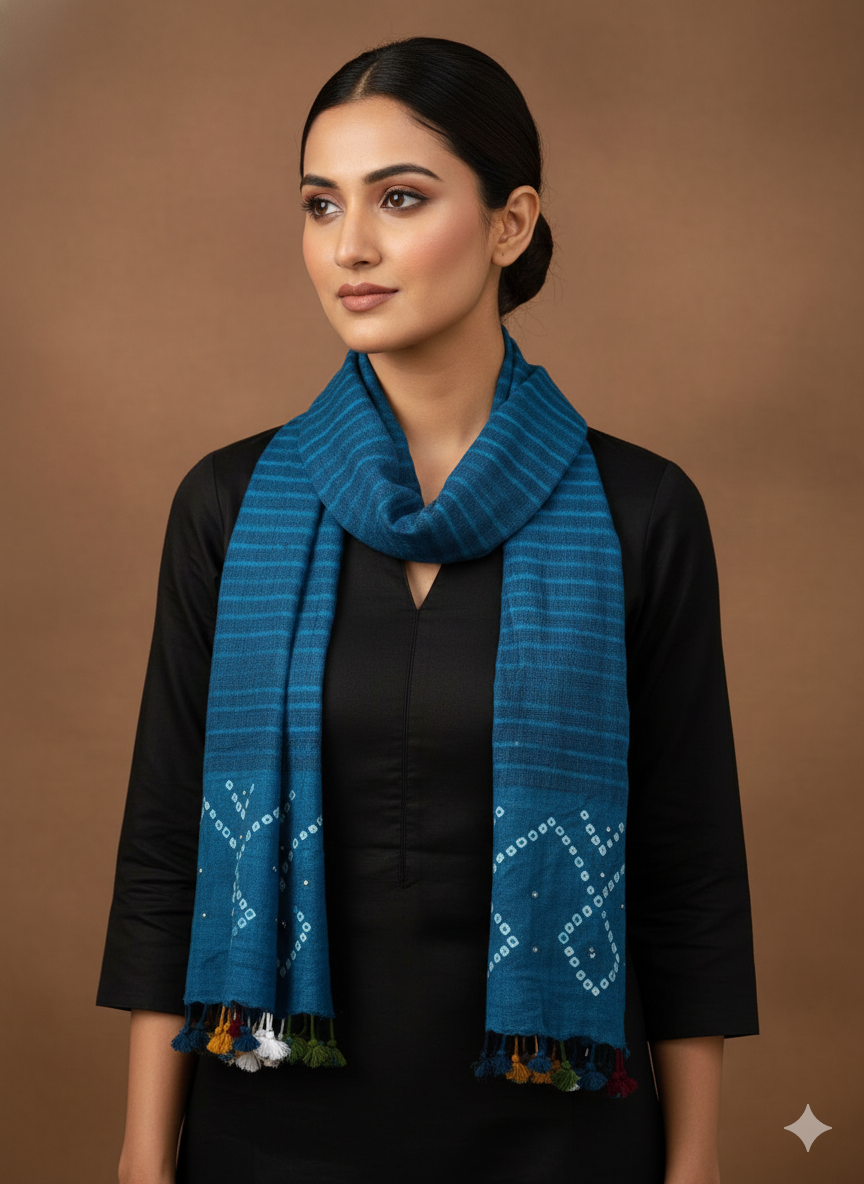 BLUE- KUTCH MIRROR WORK HANDWOVEN BANDHANI MERINO STOLE