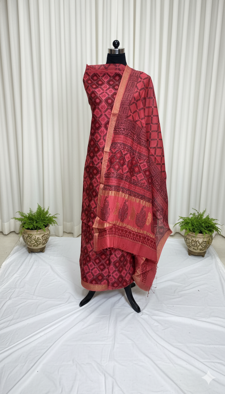 Brick red- 3pc Chanderi Silk Bagh handblock Dress Material