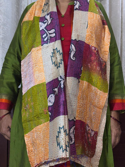 MULTICOLOR - PATCHWORK REVERSIBLE SILK BENGAL HAND KANTHA STITCH STOLE