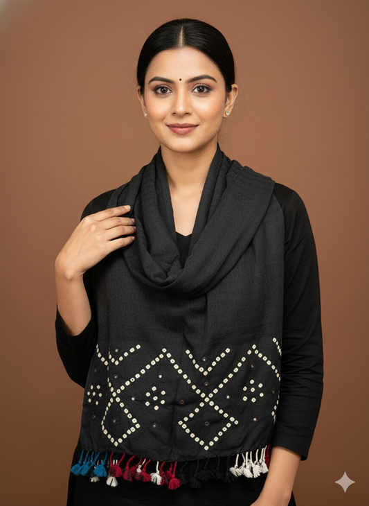 BLACK- KUTCH MIRROR WORK HANDWOVEN BANDHANI MERINO STOLE