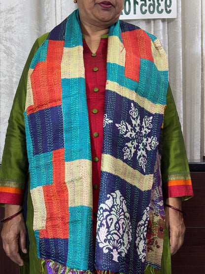 MULTICOLOR - PATCHWORK REVERSIBLE SILK BENGAL HAND KANTHA STITCH STOLE