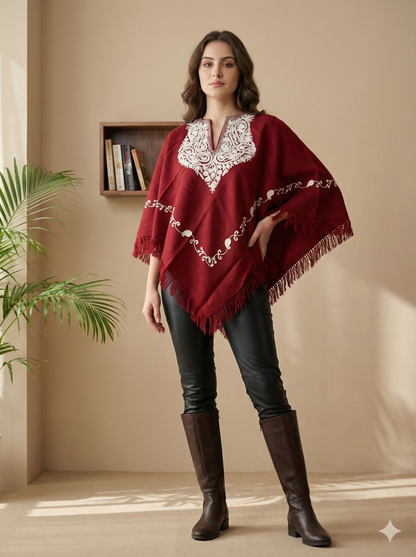 Kashmiri Aari Embroidered Woollen Poncho – | Handcrafted Heritage