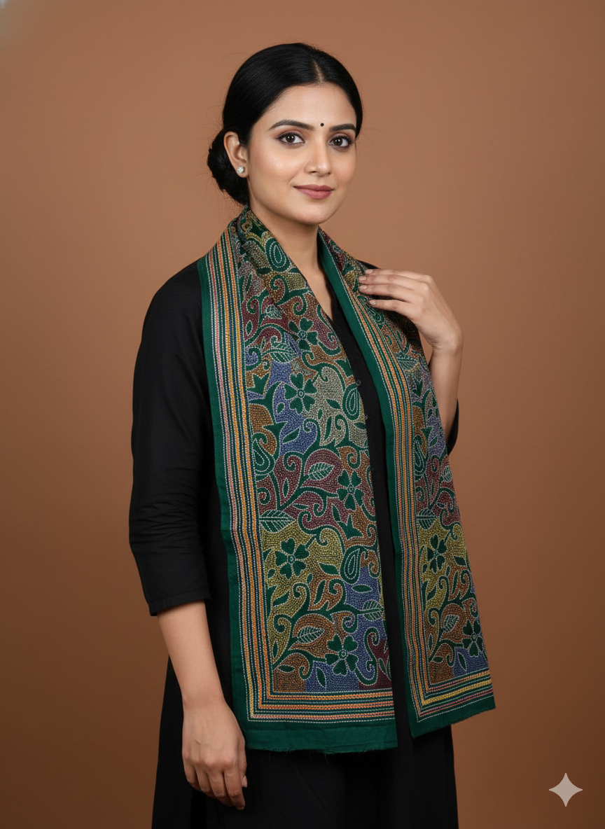Green  - Bengal Kantha Embroidery Handloom Tussar Silk Stole