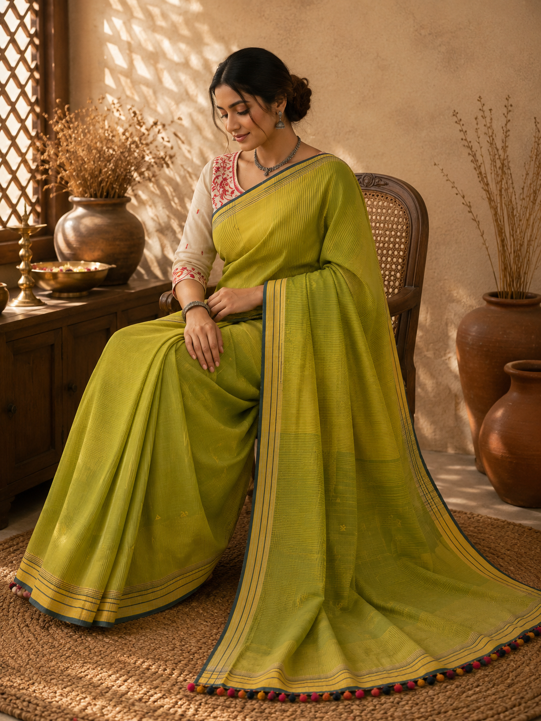 LIME GREEN : ORGANIC SOFT COTTON BHUJODI HANDLOOM SAREE