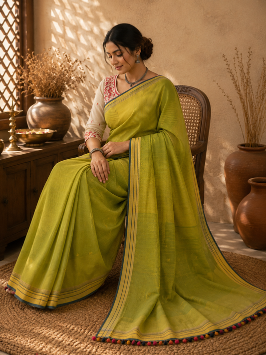 LIME GREEN : ORGANIC SOFT COTTON BHUJODI HANDLOOM SAREE