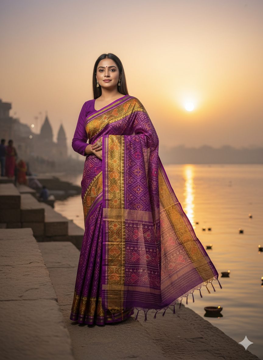 Pure mulberry silk patan Patola single ikkat saree Purple