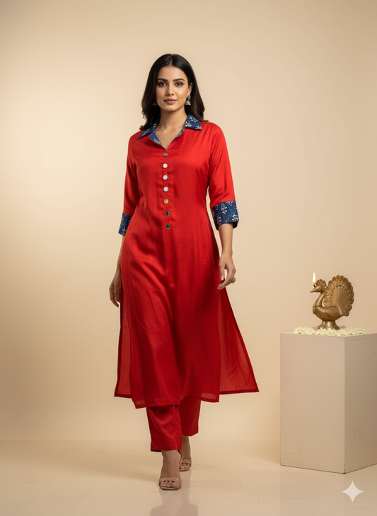 Mashru Ethnic Kurta with  Kutchi mirror hand work - deep red