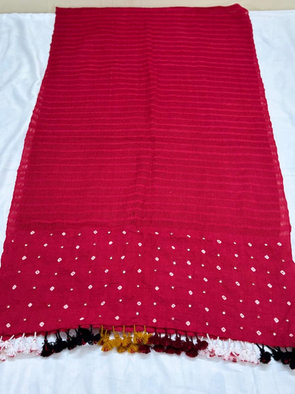 RED - KUTCH MIRROR WORK HANDWOVEN BANDHANI MERINO STOLE