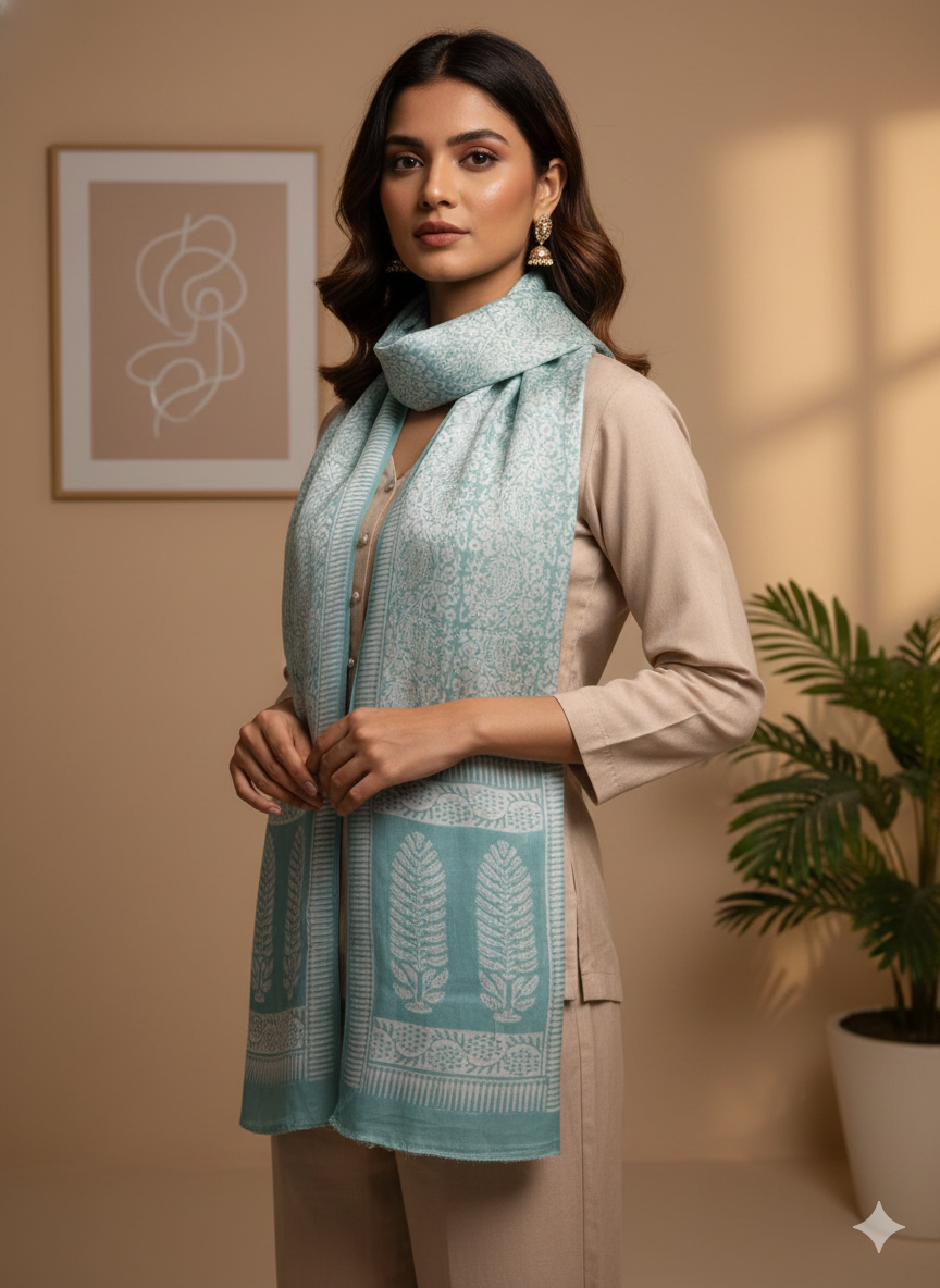 Sea green  - Bagh Hand Block Modal Silk  Stole 8