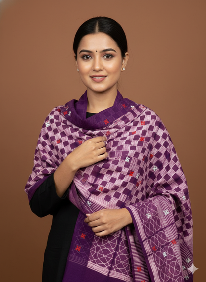 Purple pure mul cotton Tie & Dye Stole with sindhi embroidery