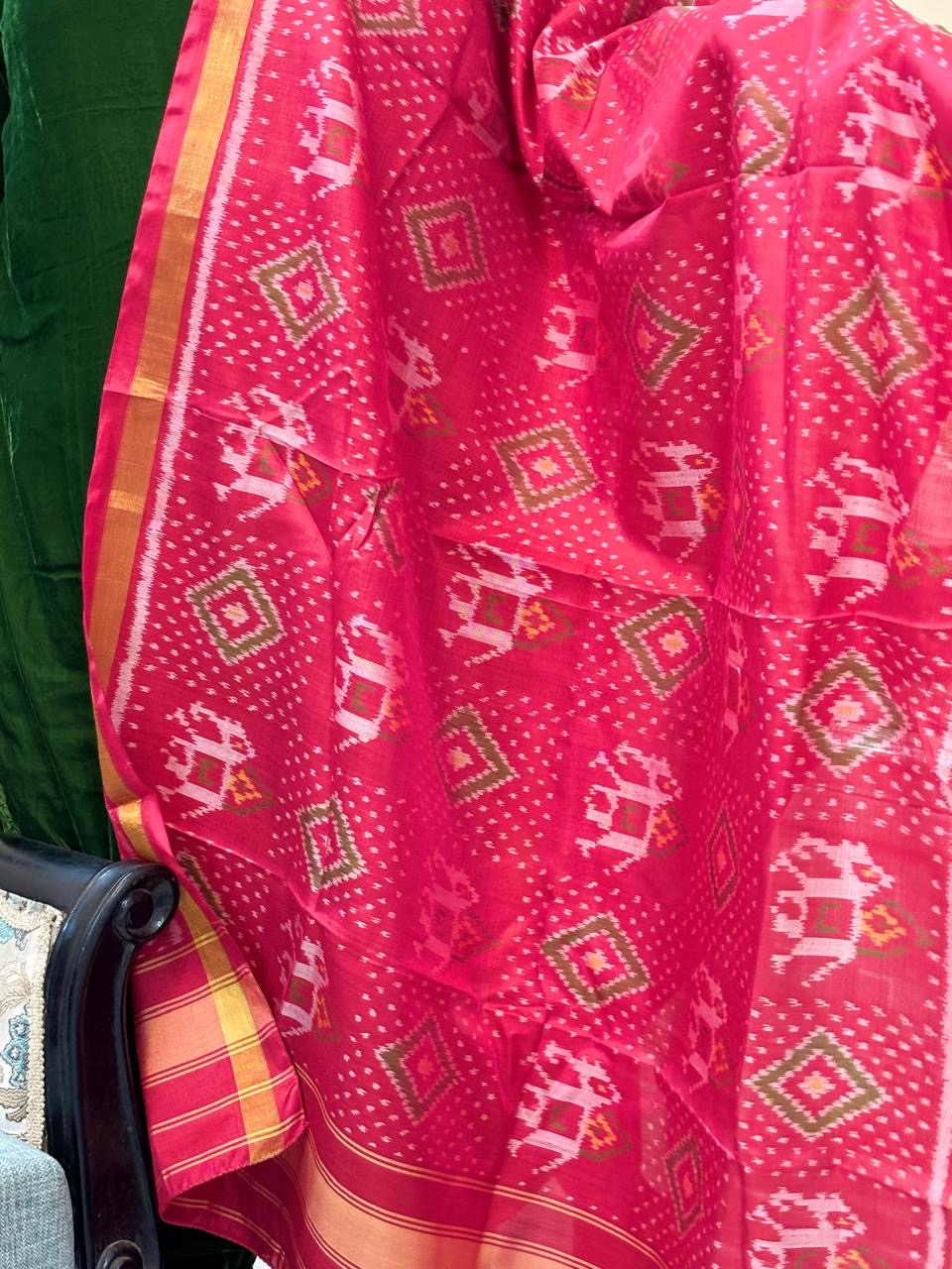 Red handloom pure mulberry silk  Patola dupatta with hathi motif