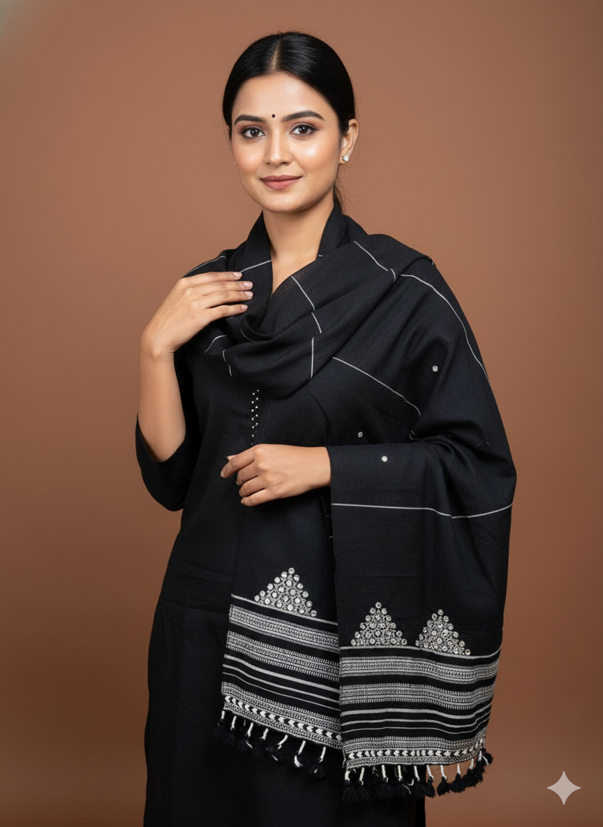 Kutch Weaving Handloom Organic Kala Cotton Stole with tassels