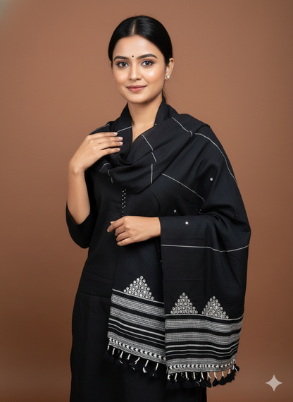 Kutch Weaving Handloom Organic Kala Cotton Stole with tassels