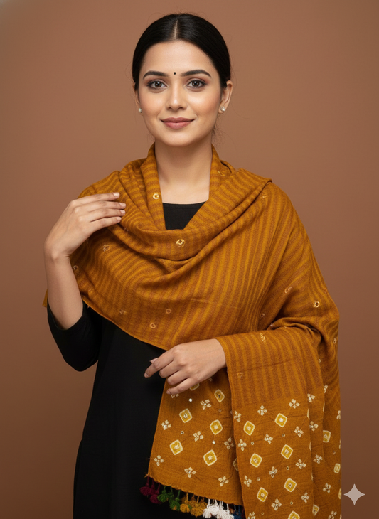 MUSTARD KUTCH MIRROR WORK HANDWOVEN BANDHANI MERINO STOLE