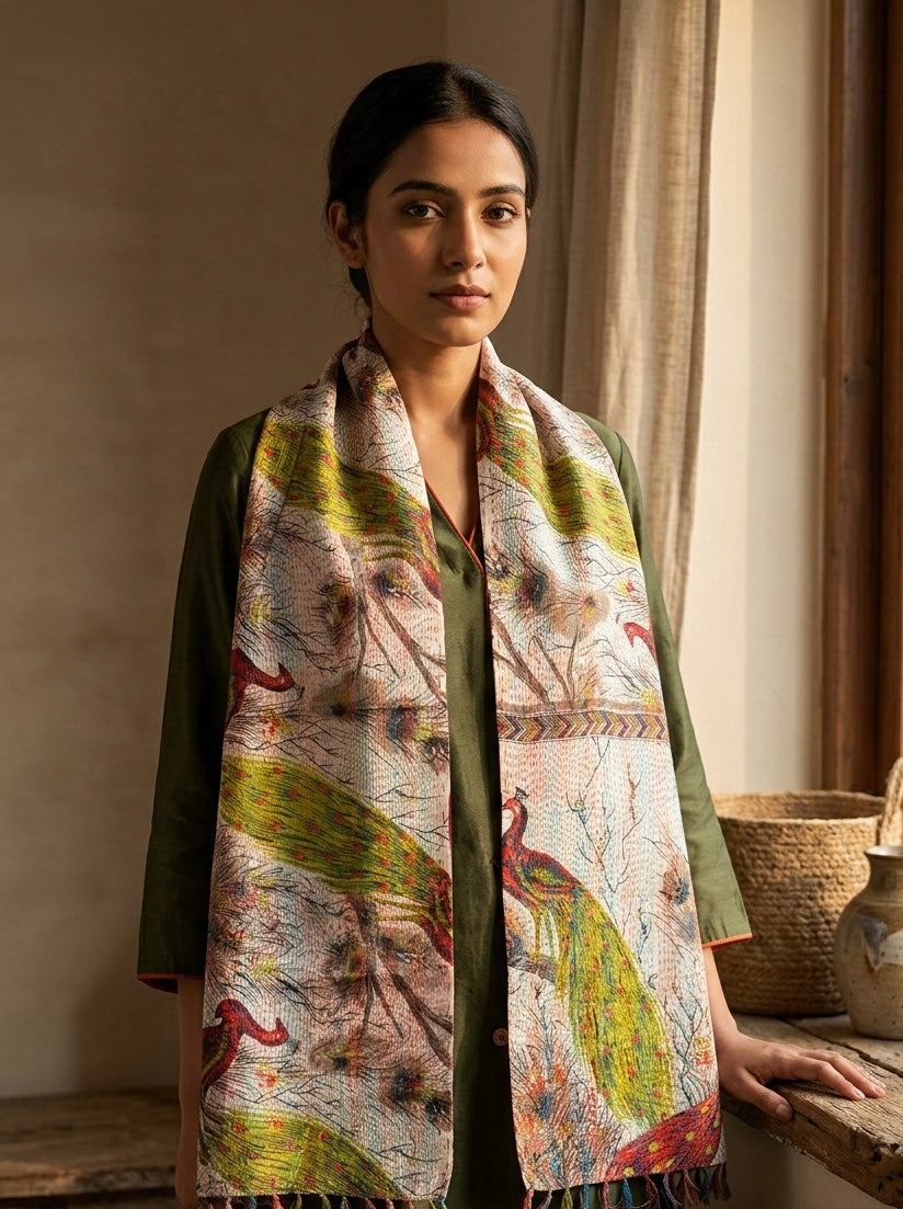 MULTICOLOR - PATCHWORK REVERSIBLE SILK BENGAL HAND KANTHA STITCH STOLE