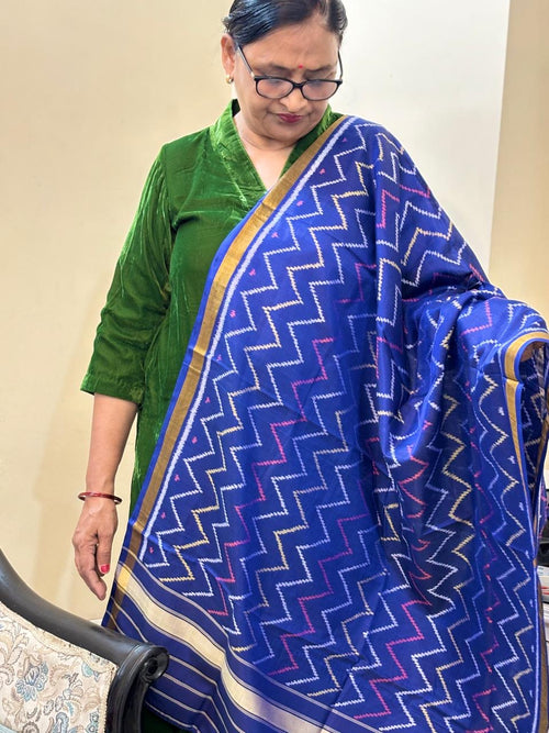 Blue handloom pure mulberry silk  Patola dupatta with geometrical pattern