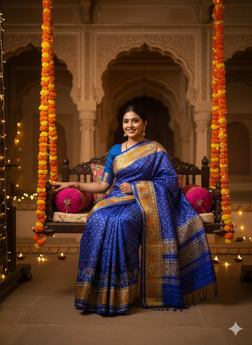 Pure mulberry silk patan Patola single ikkat saree Royal Blue