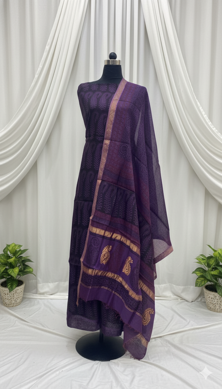 Purple - 3pc Chanderi Silk Bagh handblock Dress Material