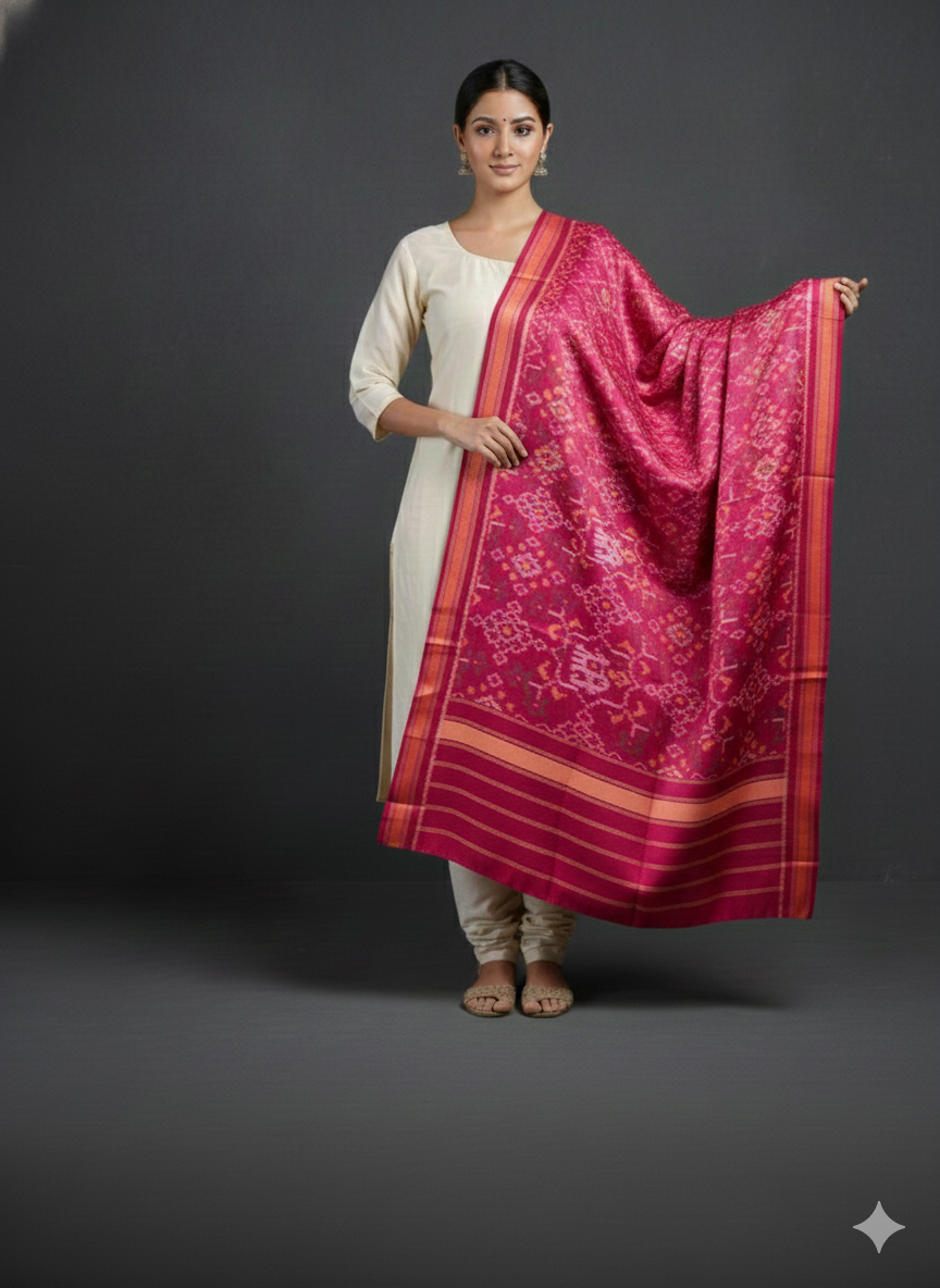 Magenta handloom pure mulberry silk  Patola dupatta with hathi motif