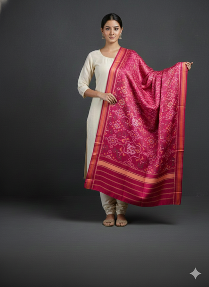Magenta handloom pure mulberry silk  Patola dupatta with hathi motif