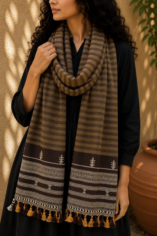 Kutch Bhujodi Weaving Handloom Organic Kala Cotton Stole with Tassels