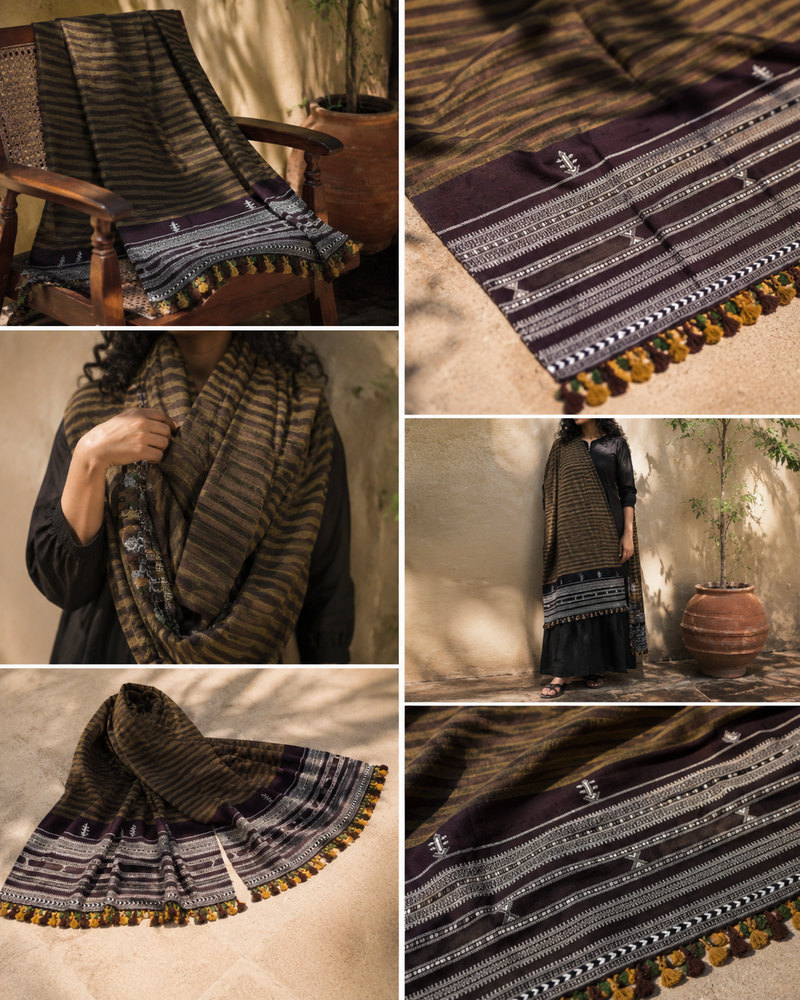 Kutch Bhujodi Weaving Handloom Organic Kala Cotton Stole with Tassels