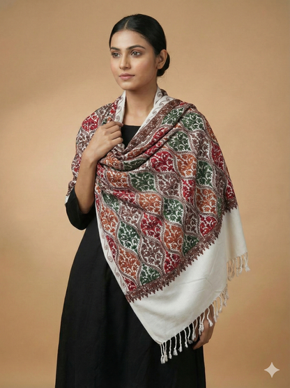 Kashmiri Aari embroidered semi  pashmina stole