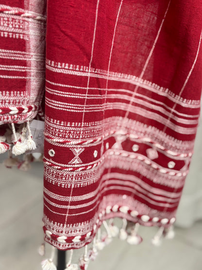 Red Kutch Bhujodi Weaving Handloom Organic Kala Cotton Stole with Tassels 1
