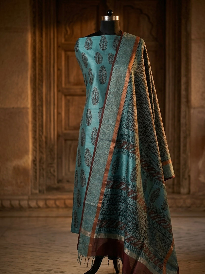 3pc Maheshwari Silk Bagh handblock Dress Material