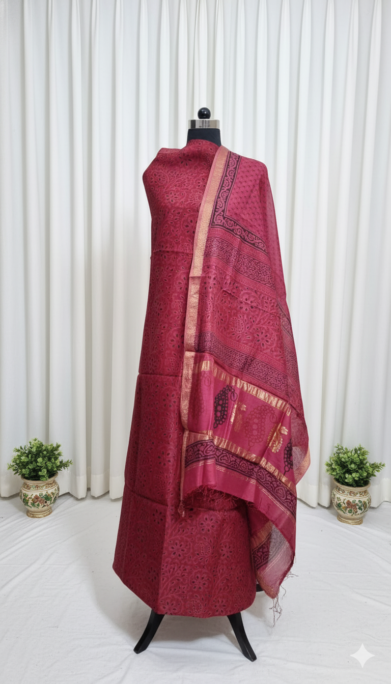Carrot red - 3pc Chanderi Silk Bagh handblock Dress Material
